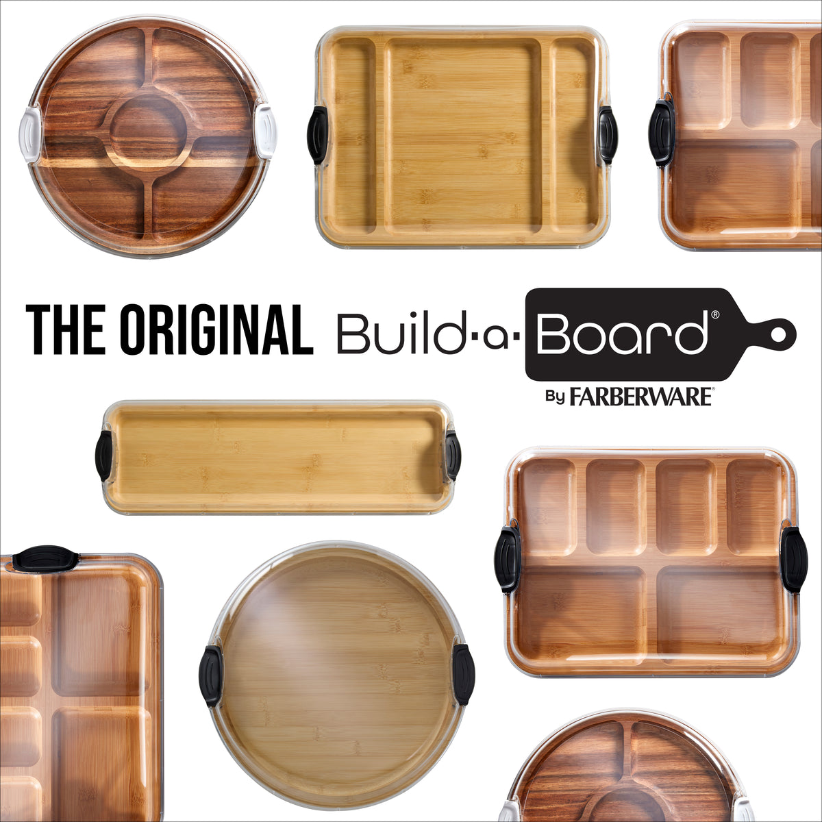 Collage of Build-a-Board bamboo cutting boards including a round board with white handles and several rectangular boards