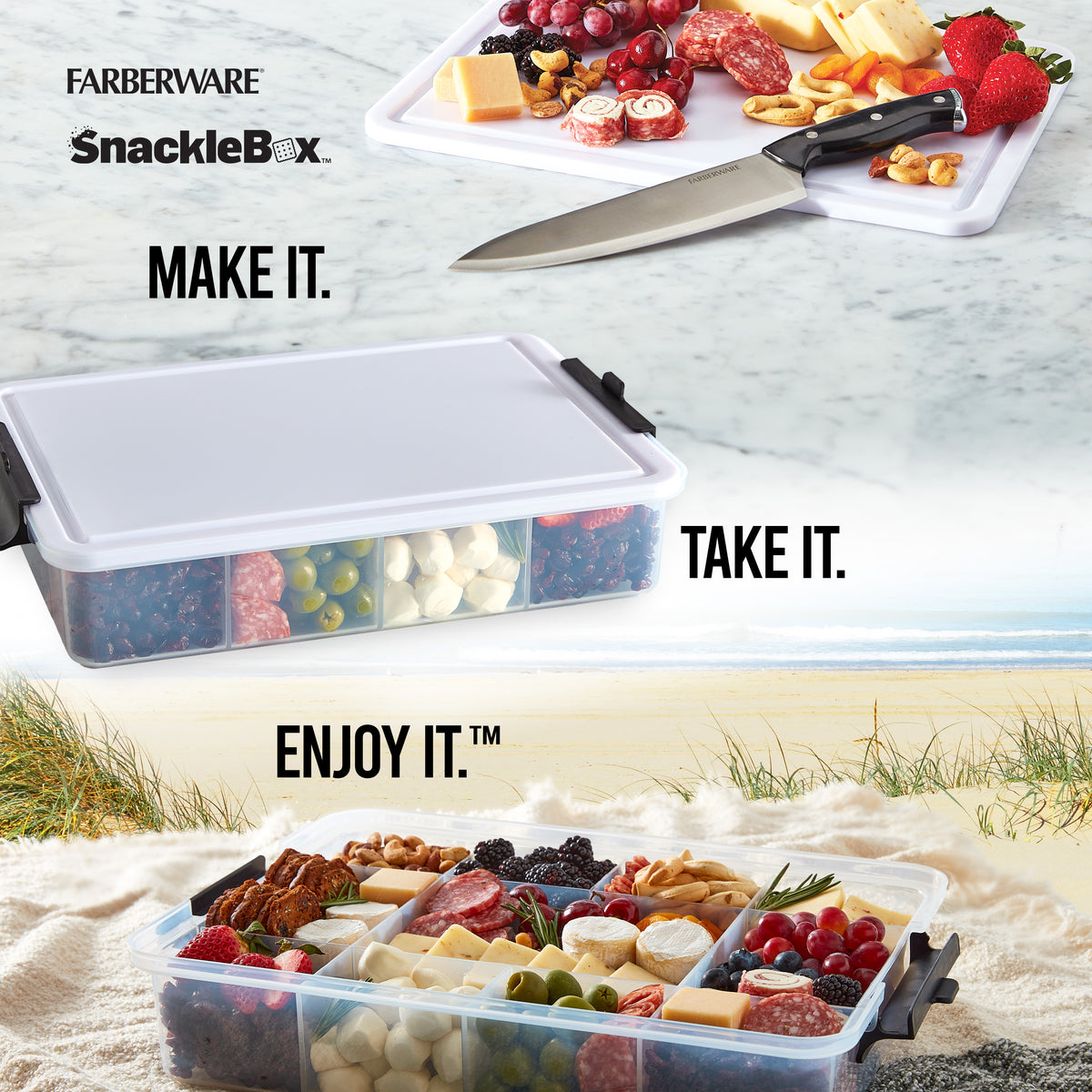 Farberware SnackleBox 11x16 open with 11 compartments filled with cheeses meats fruits and nuts on a marble countertop.