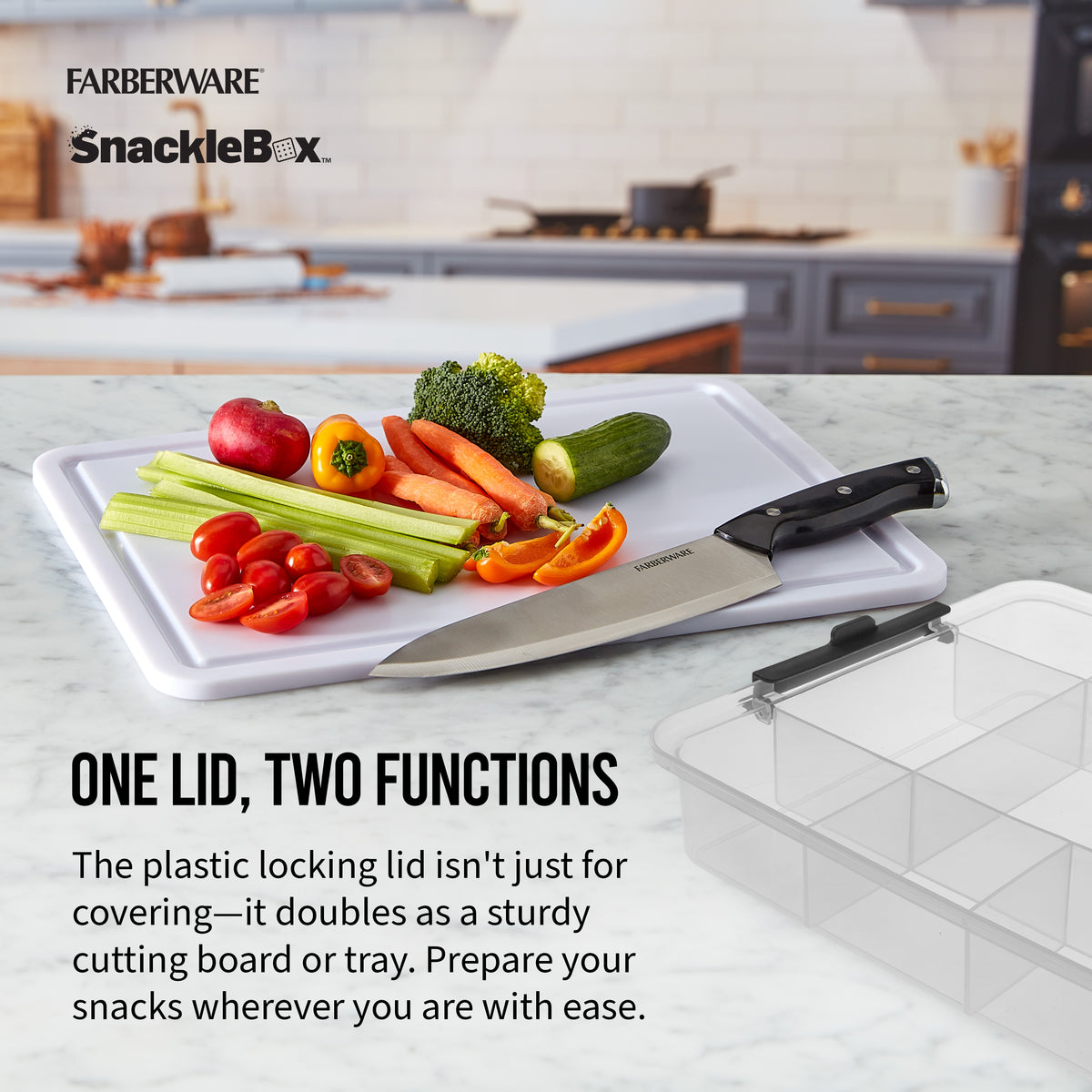 Farberware SnackleBox 11x16 eleven‑section container on a marble kitchen counter with fresh vegetables nearby.