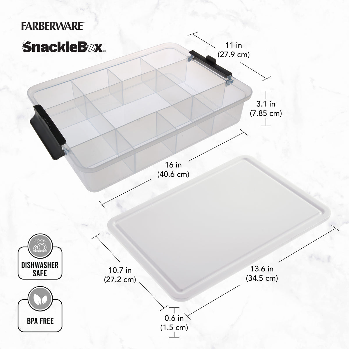 Farberware SnackleBox clear 11‑section container with lid, dimensions and safety icons such as dishwasher safe and BPA free.