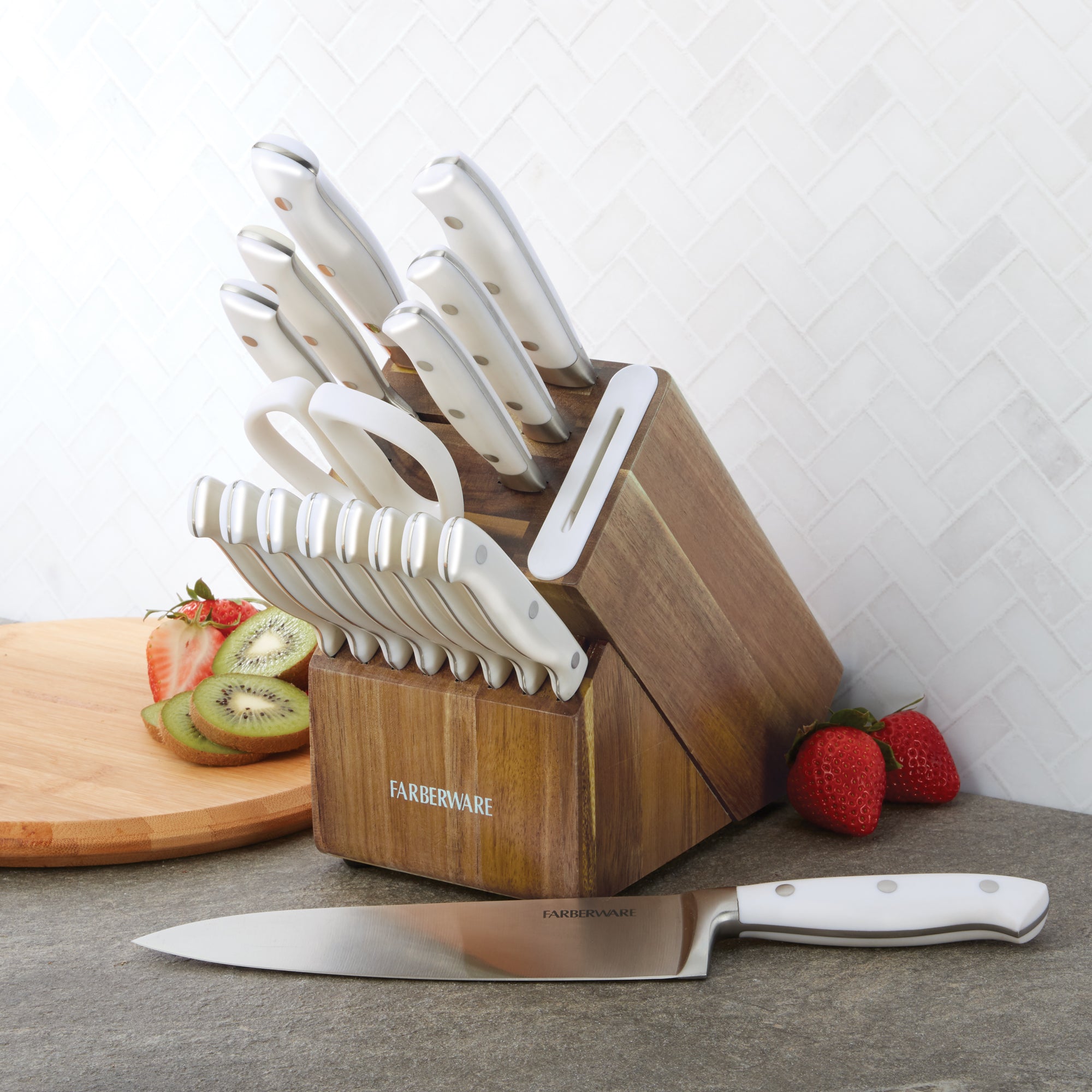 Forged Triple Riveted White Knife Block Set with Edgekeeper Sharpener, 15-Piece